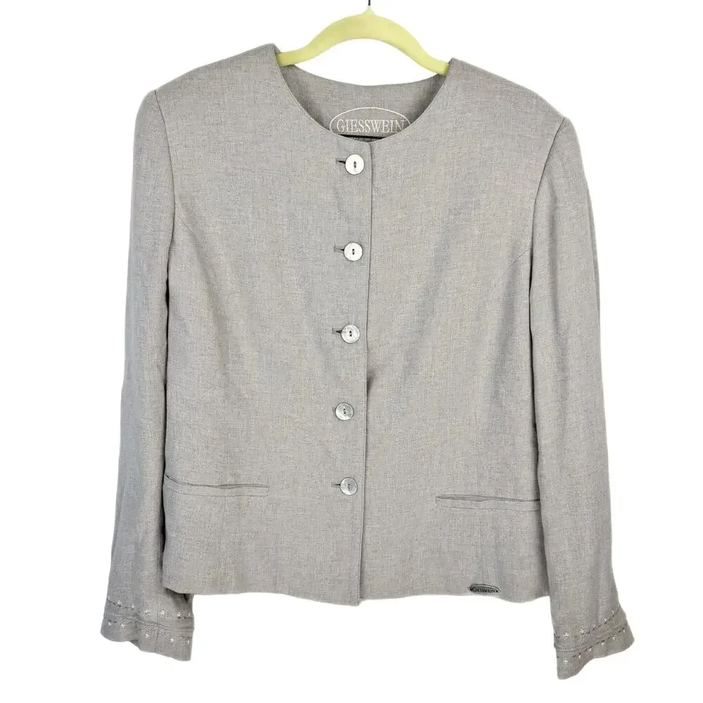 Giesswein Gray Collarless Single Breasted Embroidered‎ Cuff Blazer Jacket Sz 14